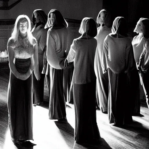 Prompt: old photo of a cult in circle summoning Margot Robbie, creepy, dark, black and white