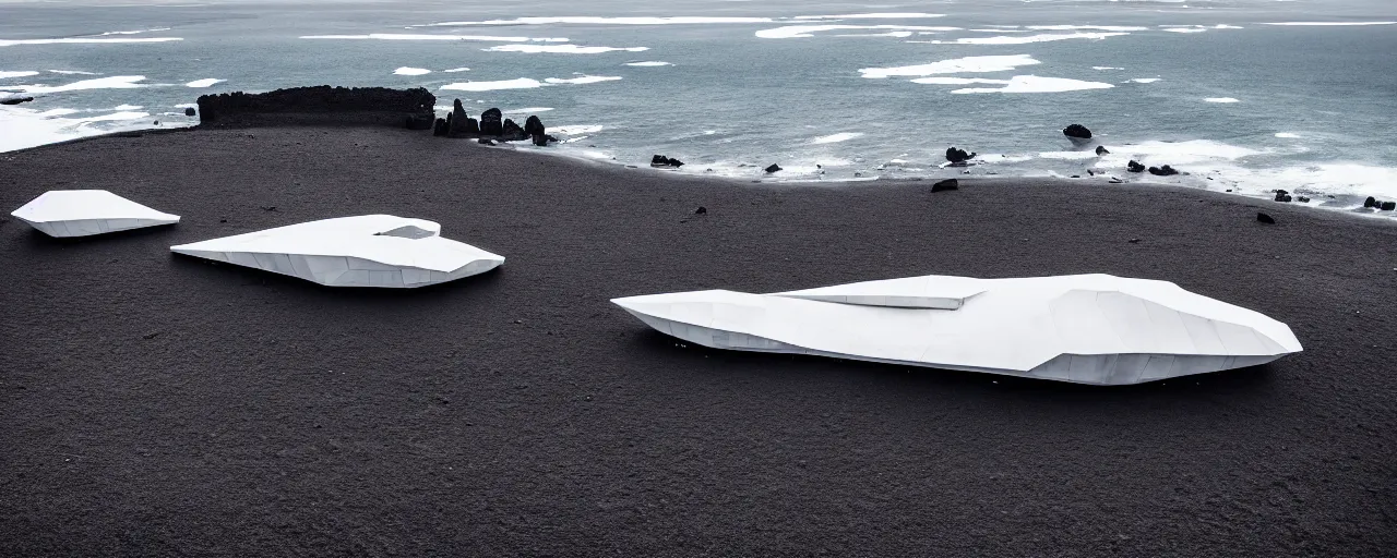 Image similar to cinematic shot of giant symmetrical futuristic military spacecraft in the middle of an endless black sand beach in iceland with icebergs in the distance,, 2 8 mm