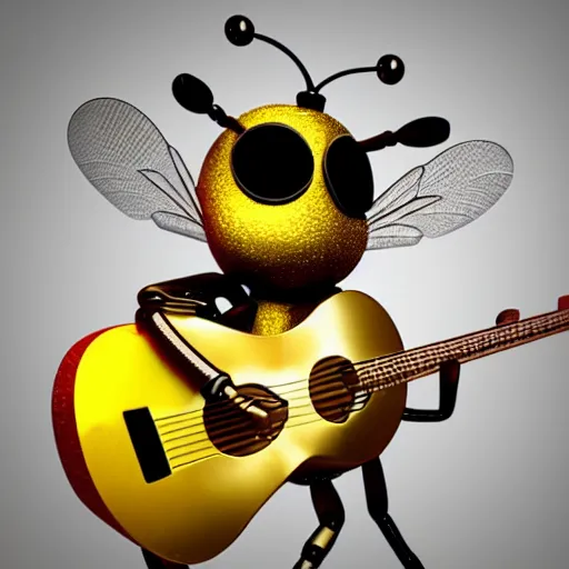 Prompt: 3d bee made of metal, shiny, playing guitar onstage