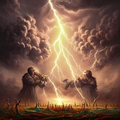 Image similar to gods fighting against the surrealistic outer enemies, scene of myth, cosmic horror, lightening, thunder, tornado, apocalypse, artgerm style, high quality, high definition digital art, highly detailed 8K