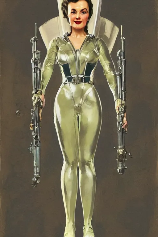 Image similar to 5 0 s pulp scifi fantasy illustration full body portrait elegant woman wearing latex spacesuit with biomech arms, by norman rockwell, roberto ferri, daniel gerhartz, jack kirby, earle bergey, ruan jia, jason fabok, tom lovell, alex malveda, dean cornwell, astounding stories, amazing, fantasy, other worlds