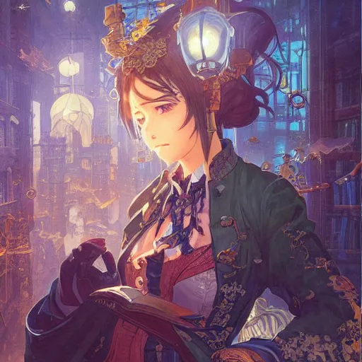 Prompt: anime character, steampunk city, magic library, carving on southern ice porcelain , overdetailed art, by greg rutkowski, by Alfons Mucha, complementing colors, magic, colorful lights, fireflies, detailed illustration