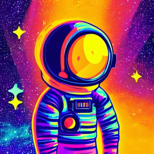 Prompt: Medium shot of an astronaut floating in space designed by Lisa Frank, digital art, cartoon art, acrylic, bokeh, synthwave, retro,