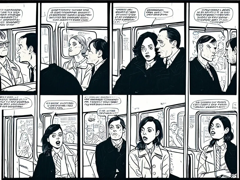 Image similar to a detailed comic panel by Daniel Clowes, 3/4 low angle view shot of two people sitting in an empty Chicago subway train, in front of windows: a sad Aubrey Plaza in a parka and a friendly Mads Mikkelsen in a suit