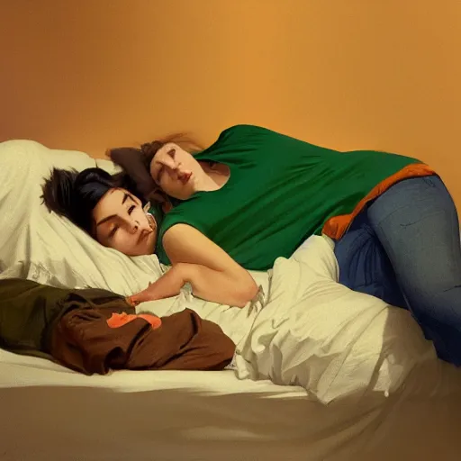 Image similar to guinness bottles and young man in orange shirt and a girl in green shirt sleeping in bed, highly detailed, digital painting, artstation, concept art, smooth, sharp focus, illustration, art by artgerm and greg rutkowski and alphonse mucha