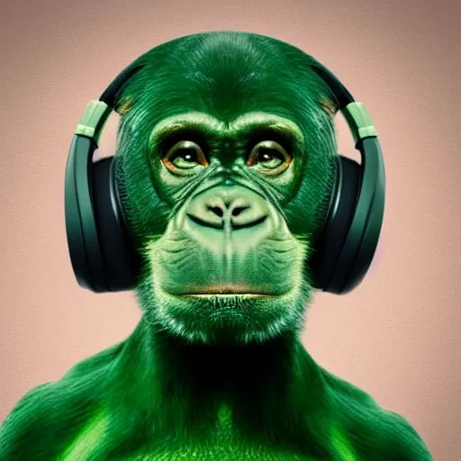 Image similar to a photo of a green chimp wearing headphones