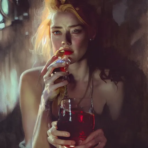 Prompt: hyperrealistic portrait of a woman as amber heard drinking wine in hell by jeremy mann and alphonse mucha, fantasy art, photo realistic, dynamic lighting, artstation, poster, volumetric lighting, very detailed faces, 4 k, award winning