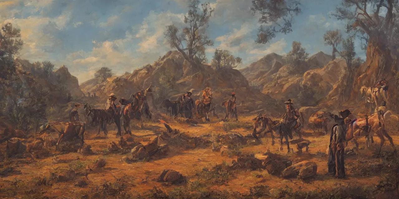 Image similar to Western landscape, camp fire, several resting cowboy robots