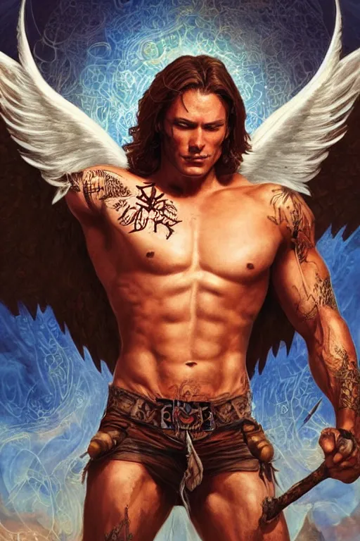 Image similar to muscular Sam Winchester as an angel with religious tattoos on chest and neck, with glowing runes on the body, urban fantasy book cover style, D&D dark fantasy style, sharp focus, ultra detailed, art by Artgerm and Peter Andrew Jones, Karol Bak, Ayami Kojima, Amano and Olivier Ledroit