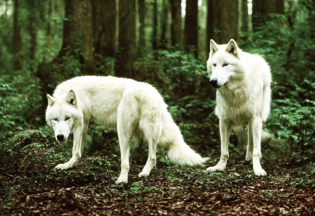 Image similar to lomo photo of a white wolf in a dense forest, cinestill, bokeh, out of focus