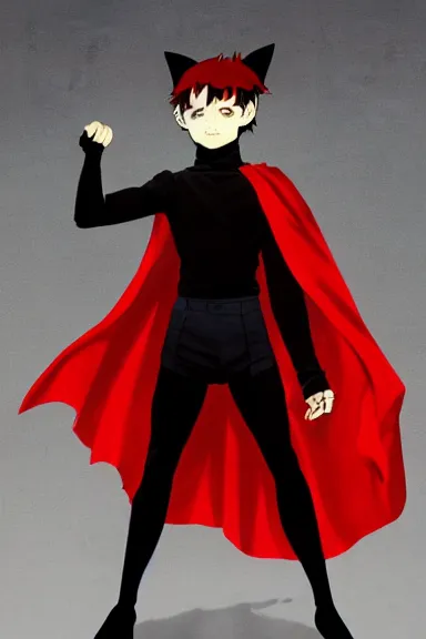 Prompt: little boy with cat ears in an black outfit with red cape. digital painting made by lois van baarle and kentaro miura and marc simonetti and sakimichan, sharpness focus, inspired by hirohiko araki, anatomically correct, heroic composition, hero pose, smooth