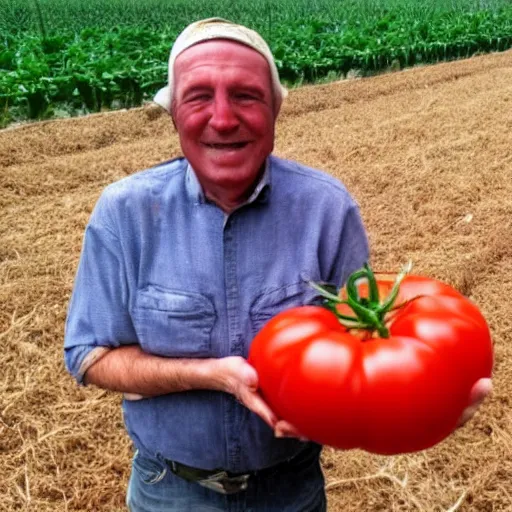 Prompt: proud farmer holding the world's largest tomato