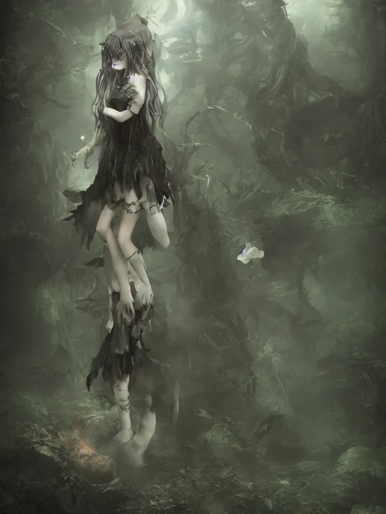 Image similar to cute fumo plush of a frail cursed witch girl wandering the depths of the forbidden jungle, gothic wraith maiden, wispy smoke and volumetric fog, beyond the mirror, asymmetric beauty, vignette, vray