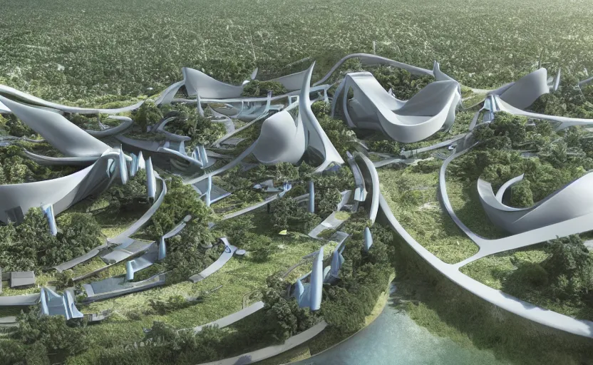 Image similar to ecotopia regenvillage by Zaha hadid, detailed, octane render, photo realism, 3D, ray tracing, photo realism