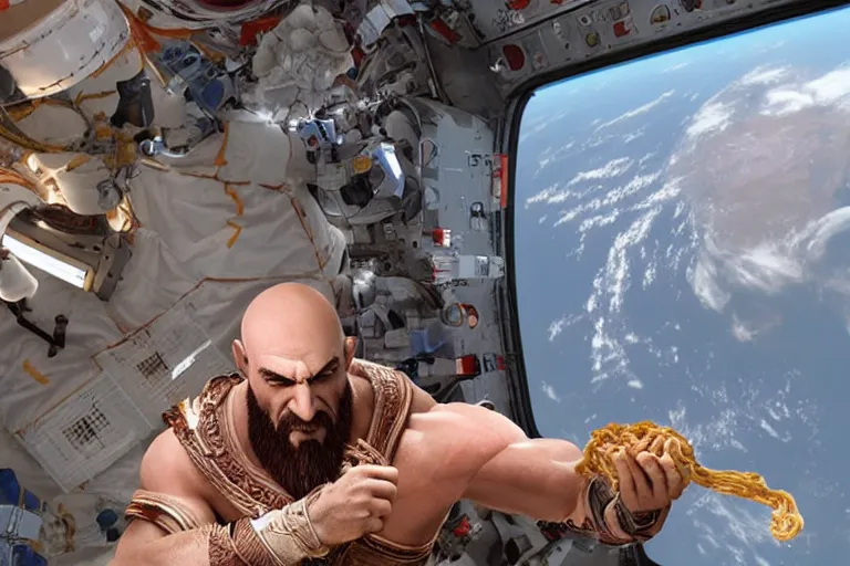 Image similar to kratos from the god of war videogame eating ramen noodles in the international space station