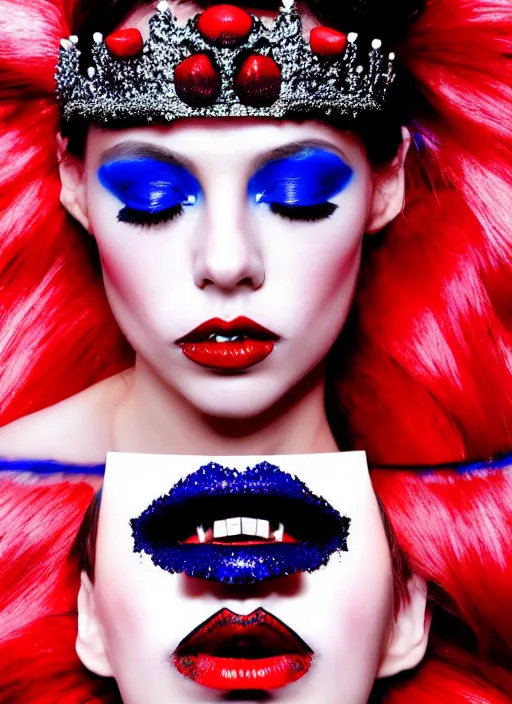 Image similar to a female high fashion model wearing a jeweled face crown, dark eye make - up, red lips, alexander mcqueen, haute couture, artstation, high detail, black, red and blue, 8 0 s airbrushed, film still, cinematic composition