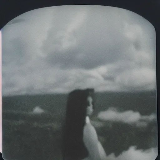 Prompt: a polaroid portrait of a beautiful young woman, detailed clouds, a ufo is visible in the sky, heavy film grain, color bleed
