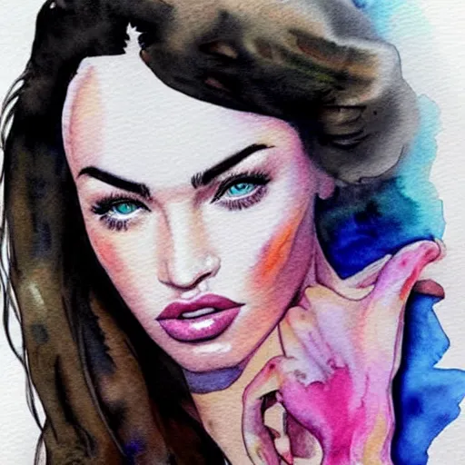 Image similar to megan fox, watercolor art, watercolor painting, aquarelle, tattoo, ultra detailed