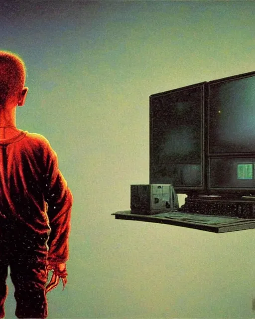 Image similar to 8k professional photo of an 8 years old enlightened and scared boy standing in front of a computer from 90s with a game doom2 at the monitor screen, Beksinski impasto painting, part by Adrian Ghenie and Gerhard Richter. art by Takato Yamamoto, masterpiece. still from a movie by Gaspar Noe and James Cameron