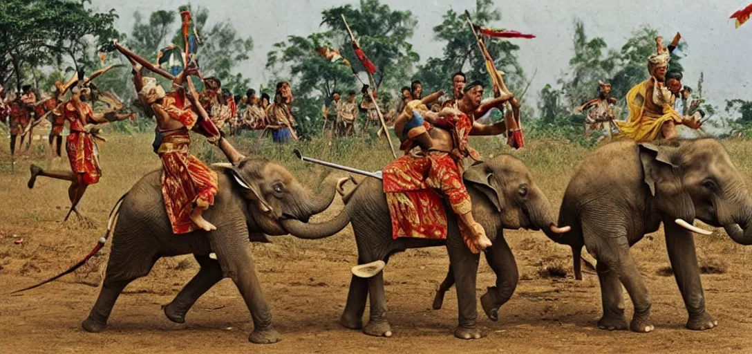 Prompt: the elephant duel of king naresuan of ayutthaya versus crown prince mingyi swa of burma in burmese - siamese war, warlords fight on back of their decorative war elephants, a colorized photo, colorized, # film, movie still