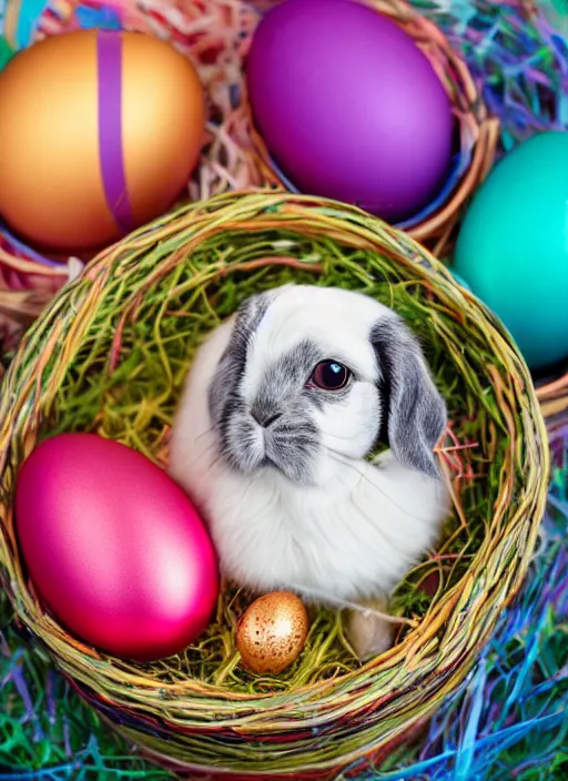 Image similar to a 3 5 mm photo of a holland lop sitting in an easter basket full of colorful easter eggs, bokeh, canon 5 0 mm, cinematic lighting, film, photography, golden hour, depth of field, award - winning, art by greg rutkowski, maxfield parrish and alphonse mucha