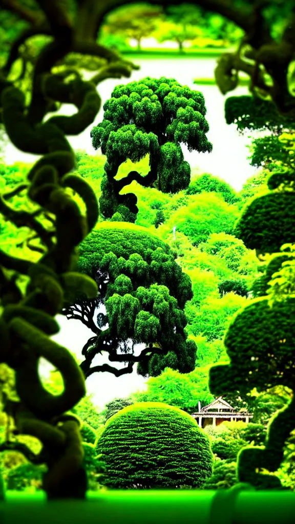 Image similar to a grainy image of the garden of Eden as seen through a telephoto lens. There are verdant plants and golden structures poking through the tree canopy but the energy surrounding the garden is distorting the view. Camera viewfinder frame telephoto photorealistic hyperdetailed