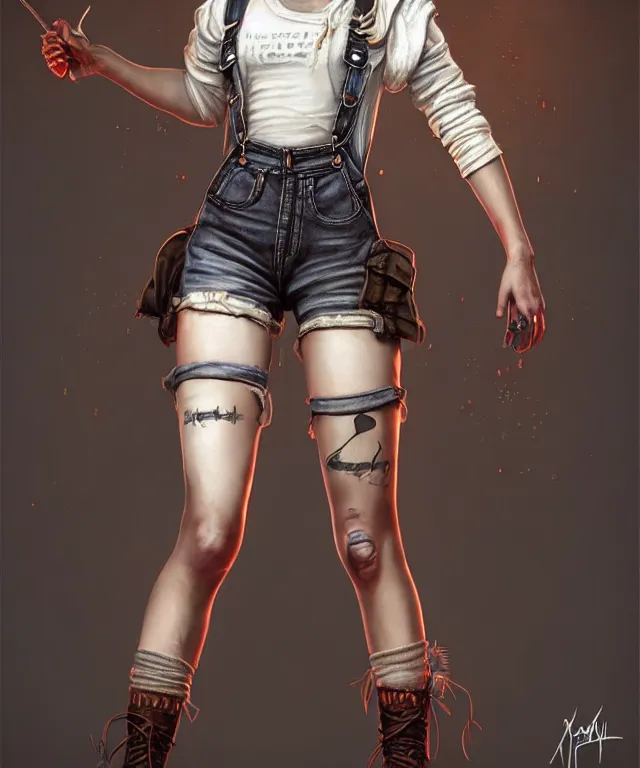 Image similar to full body pose, grungy ciri, torn overalls, short shorts, combat boots, fishnets, beautiful, highly detailed face, true anatomy!, extremely detailed!, digital painting, unreal engine 5, art by tom bagshaw