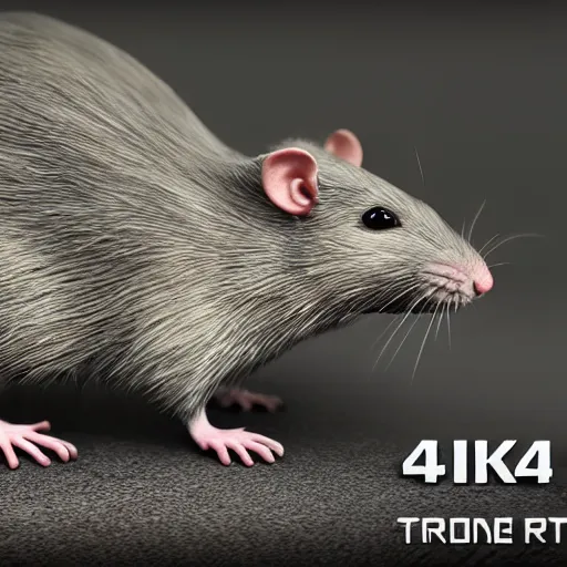 Prompt: the most detailed rat you've ever seen, 4 k, ultra real, 3 d, uhd, nvidia ray tracing, photorealism, crisp, macro lense, e 3 demo,