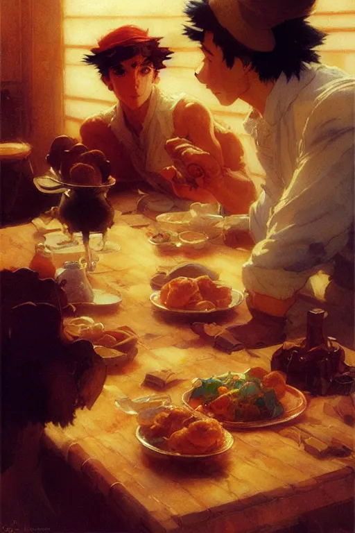 Image similar to nugget, food design, dynamic lighting, by studio ghibli, painting by gaston bussiere, craig mullins, j. c. leyendecker, tom of finland