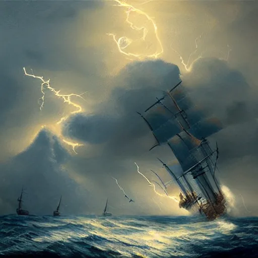 Image similar to pirate ship at sea, big storm with lightnings and tornado, trending on artstation