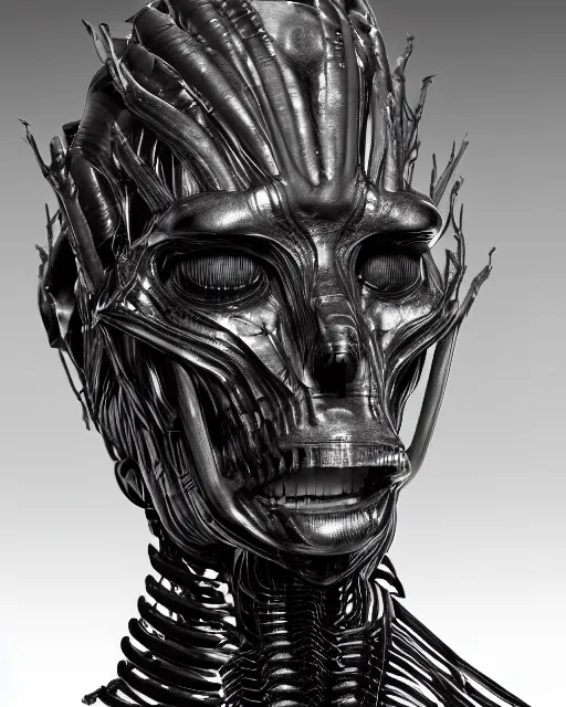 Prompt: H.R. Giger character design, black outfit with metallic and translucent parts. rib-cage is metallic. otherwordly humanoid. that steals faces. full body, render, trending on artstation, unreal engine 4k, detailed, Unreal engine, octane render