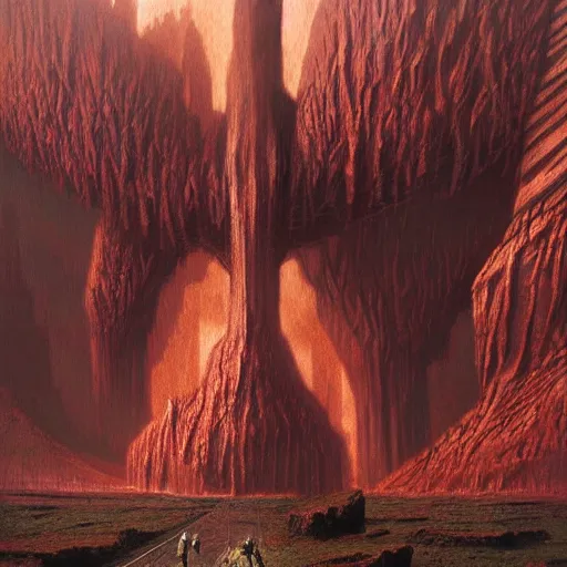 Image similar to concept art of a giant fractal golem, pride, day time, foreboding, fantasy, valley, wayne barlowe