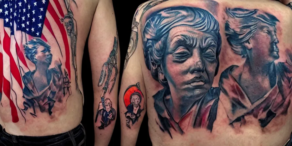 Prompt: man with trump tattoo mystical statue woman, highly detailed, 8 k, masterpiece, super resolution.