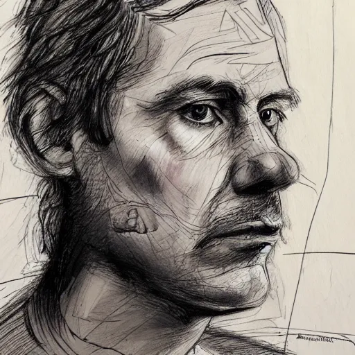 Image similar to a realistic yet scraggly portrait sketch of the side profile of a stern and sophisticated young david gilmour, trending on artstation, intricate details, in the style of frank auerbach, in the style of sergio aragones, in the style of martin ansin, in the style of david aja, in the style of mattias adolfsson