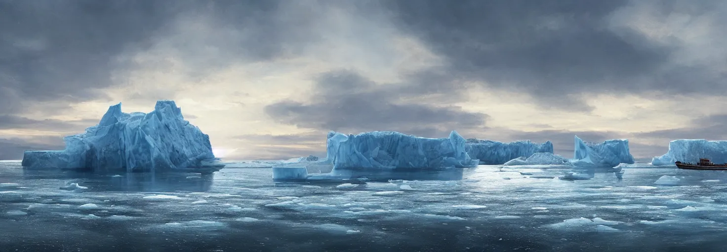 Prompt: A large boat on the ocean Arctic, with the ice cracking and icebergs surrounding it by paul chadeisson, cinematic lighting, extremely detailed, ultra realistic, trending on artstation, 8K