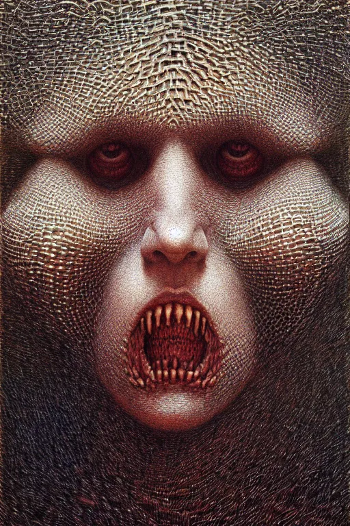 Prompt: face portrait front view, tryphophobia by ivan marchuk, beksinski, luis royo, jean delville