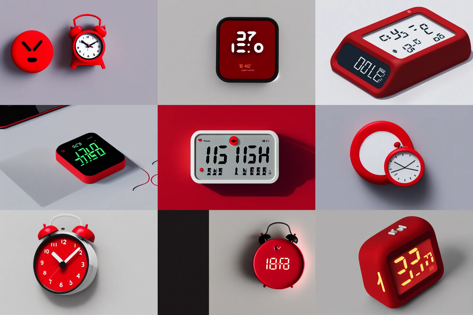 Prompt: Isometric alarm clock clay render red iOS emoji alarm clock on a white background, 4k UHD, isometric top down left view, diffuse lighting, zoomed out very far