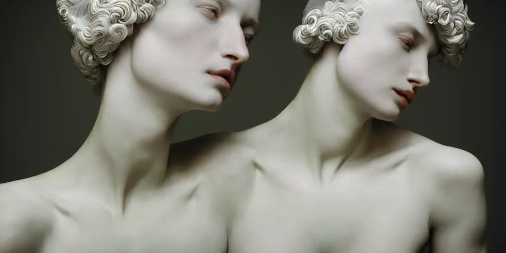 Prompt: cinestill 5 0 d photo portrait of a beautiful hybrid woman in style of paolo roversi by roberto ferri, weird marble body by bernini, intricate ornamental hair, 1 5 0 mm lens, f 1. 4, sharp focus, ethereal, emotionally evoking, head in focus, volumetric lighting, opal colors outdoor h 7 6 8