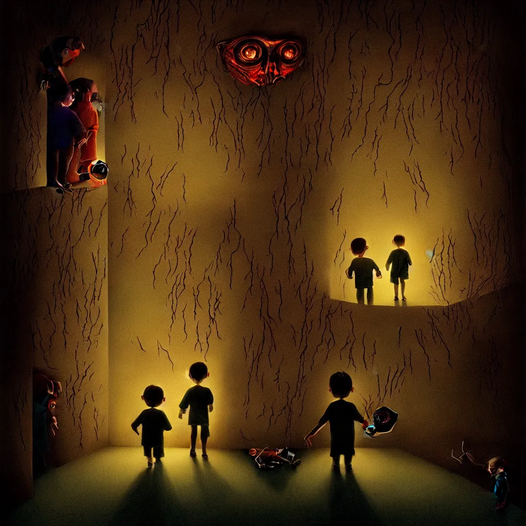Prompt: terrifying artwork from a children's book depicting the dark and disturbing events of a very special boy's very special day by roger deakins. high detail, lush coloful surrealistic nightmare, beautiful lighting, detailed illustration, sharp focus, artstation, beautifull, illuminated, extremely lifelike