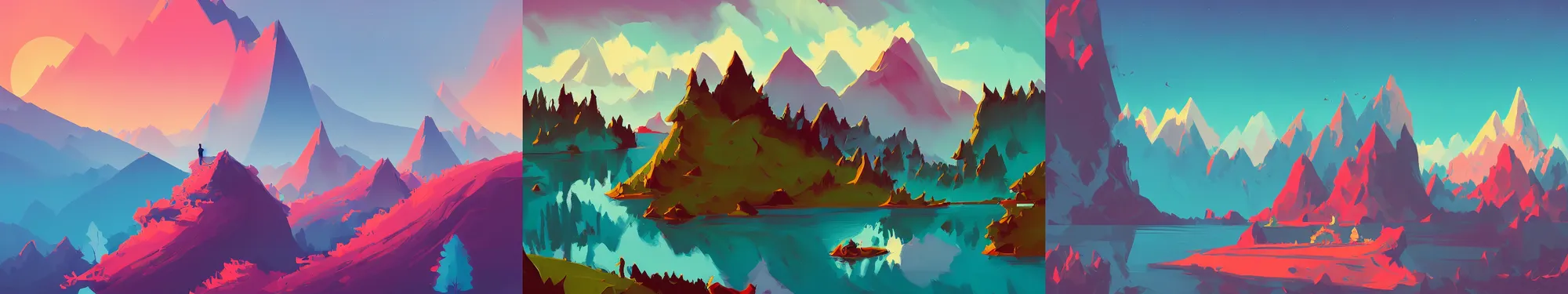 Image similar to mountains, trees, and lake, by anton fadeev