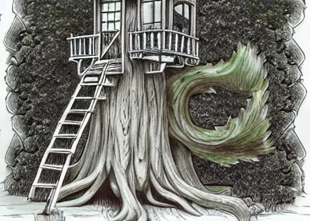 Prompt: Steampunk tree house, yuumei , spanish moss, cozy afternoon, super realistic, ink drawing