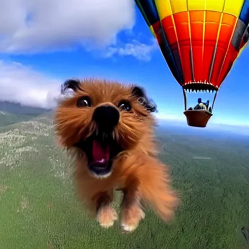 Image similar to a hairy dog attached to a large open balloon parachute jumping from a mountain cliff. captured by a drone. wide camera. epic