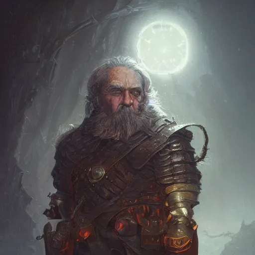 Image similar to a detailed portrait of an slightly old person with glowing eyes dressed with a dark leather armor, by justin gerard and greg rutkowski, digital art, realistic painting, character design, trending on artstation