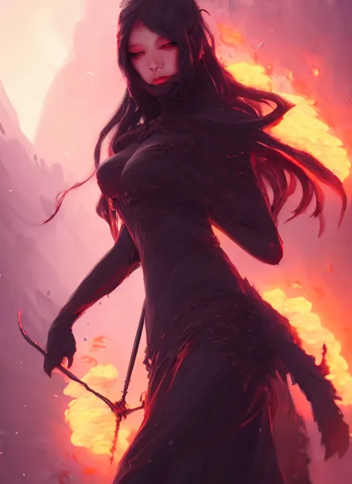 Prompt: character concept art of a dark fantasy female fire witch, key visual, realistic shaded perfect face, fine details, dystopian environment and background, by stanley artgerm lau, wlop, rossdraws, james jean, andrei riabovitchev, marc simonetti, and sakimichan, trending on artstation