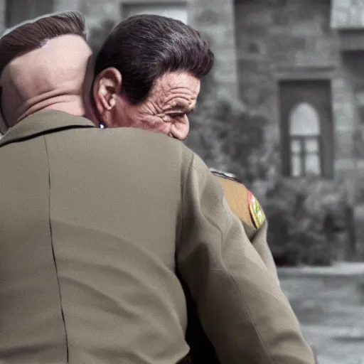 Image similar to Bryan Cranston hugging Stalin, 4k, photorealistic, hd, realistic, insanely detailed