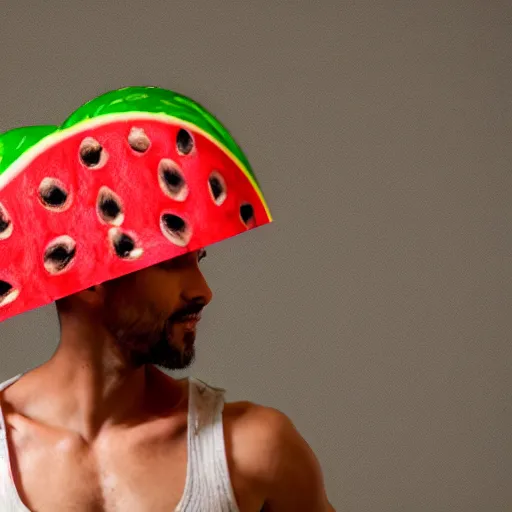 Prompt: hd photo of a friday wearing a watermelon hat, trending on artstation