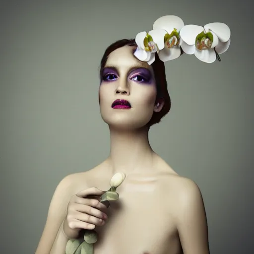 Image similar to long shot kodak portra 4 0 0, 8 k, volumetric lighting, highly detailed, britt marling style 3 / 4 fine art portrait photography in style of paolo roversi, orchid, orchid flower human hybrid, 3 d render 1 5 0 mm lens, art nouveau fashion royal details, elegant hyperrealistic ultra detailed, 8 k