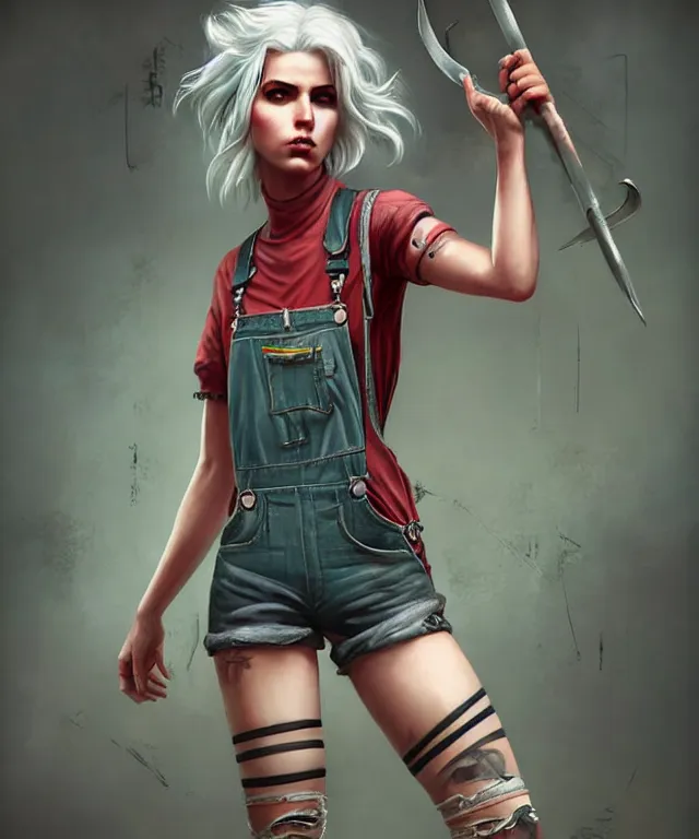 Image similar to full body pose, grungy ciri, torn overalls, short shorts, combat boots, fishnets, beautiful, highly detailed face, true anatomy!, extremely detailed!, digital painting, unreal engine 5, art by tom bagshaw