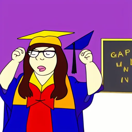 Image similar to Meg Griffin from Family Guy graduating college, animated in the style of Family Guy (1999)