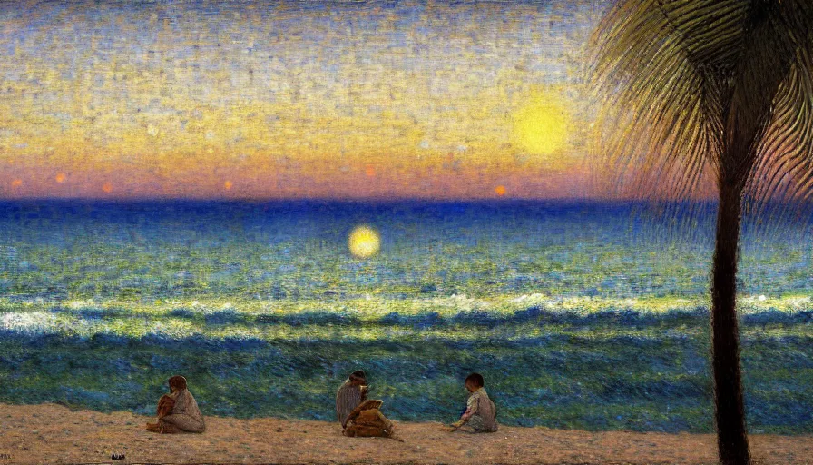 Image similar to a ultradetailed beautiful painting of meteor seen from a beach, by jules bastien - lepage, tarsila do amaral, frank weston and gustave baumann, beach, trending on artstation, mediterranean, palm trees, sharp focus, colorful refracted sparkles and lines, soft light, 8 k 4 k